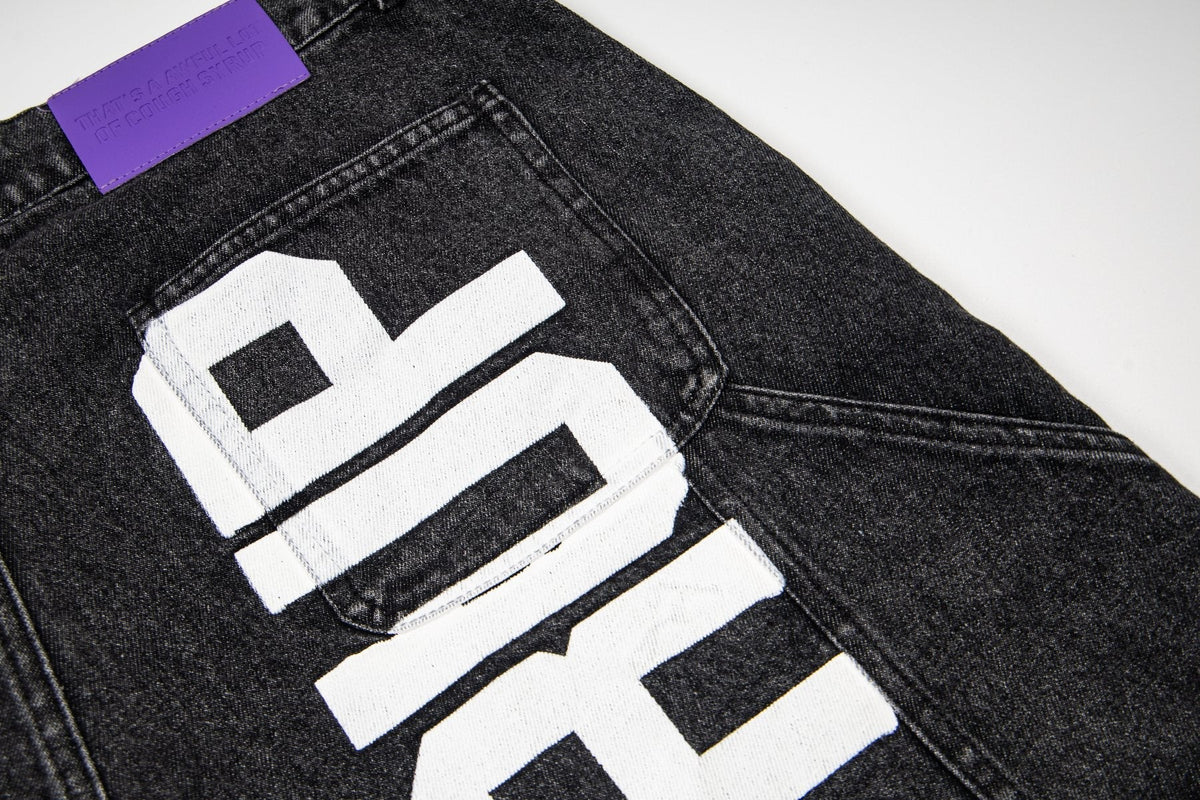 THAT'S A AWFUL LOT OF COUGH SYRUP Washed Denim Graphic Shorts ¡ª detail